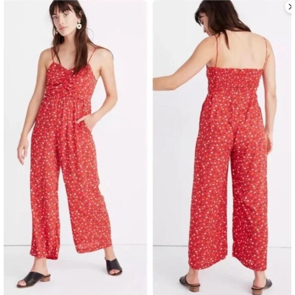 Madewell Red Floral Wide Leg Lightweight Ankle Length‎ Jumpsuit Sz 14 Cottage